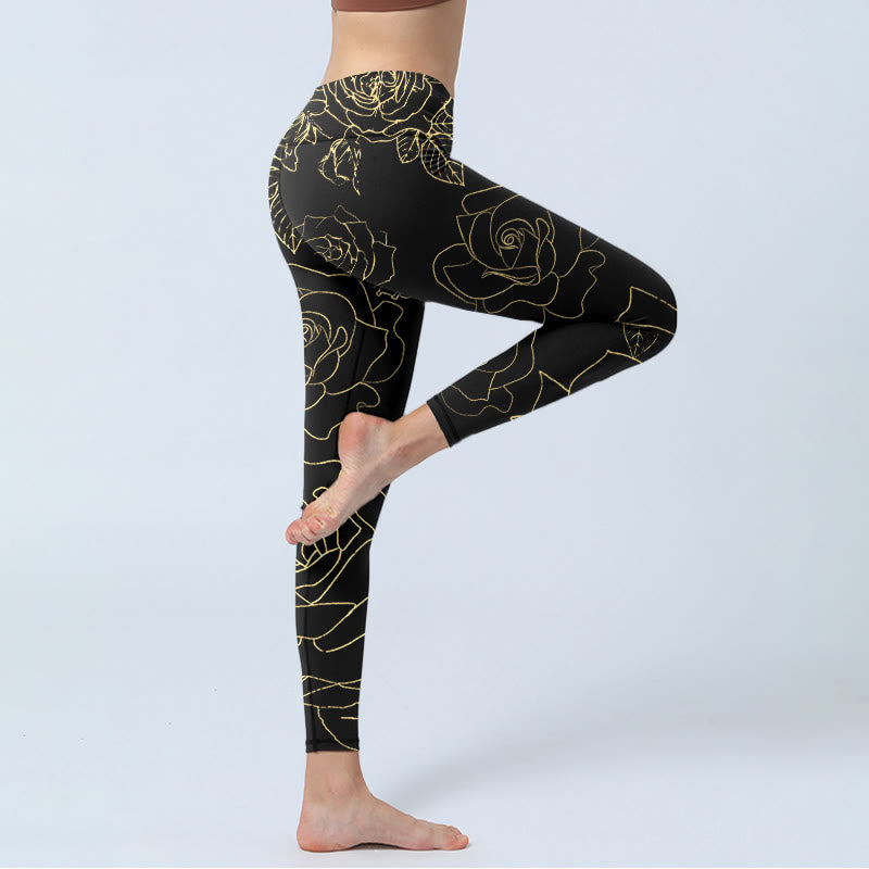Buddha Stones Rose Flower Leaves Golden Line Pattern Print Gym Leggings Women's Yoga Pants - image 3