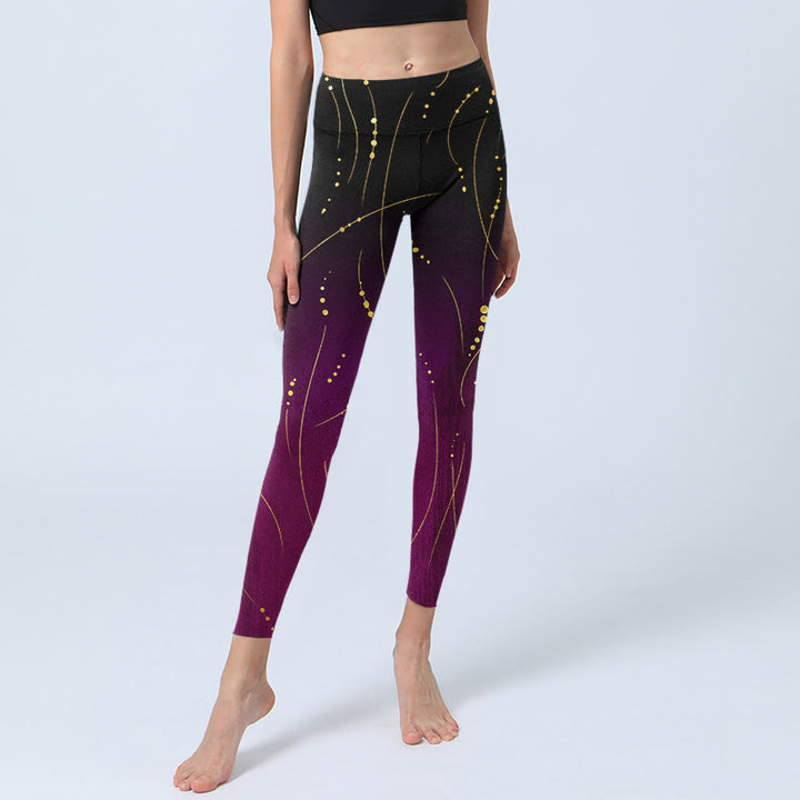 Buddha Stones Abstract Gradient Thin And Long Gold Line Pattern Print Gym Leggings Women's Yoga Pants - image 5