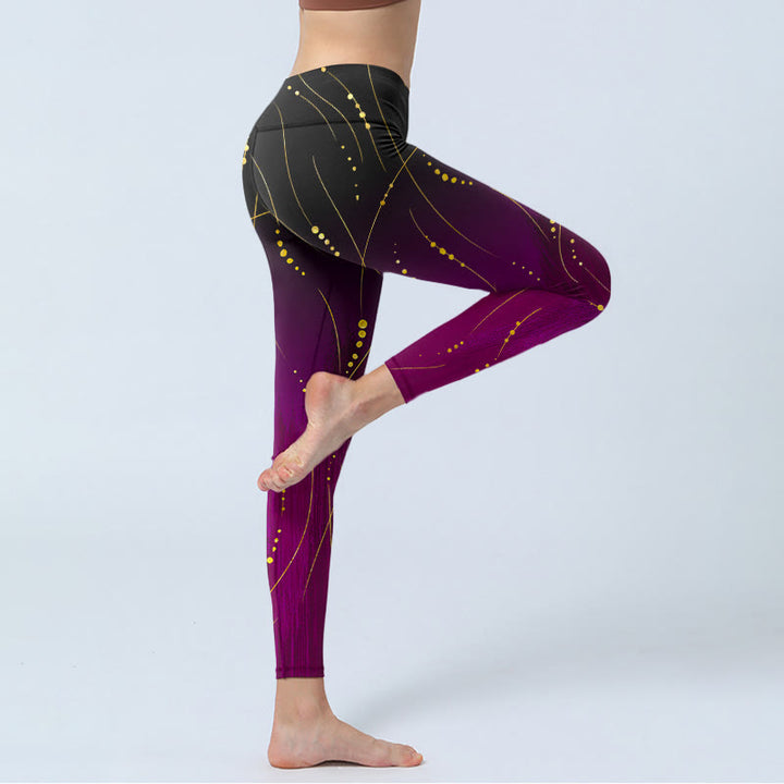 Buddha Stones Abstract Gradient Thin And Long Gold Line Pattern Print Gym Leggings Women's Yoga Pants - image 4
