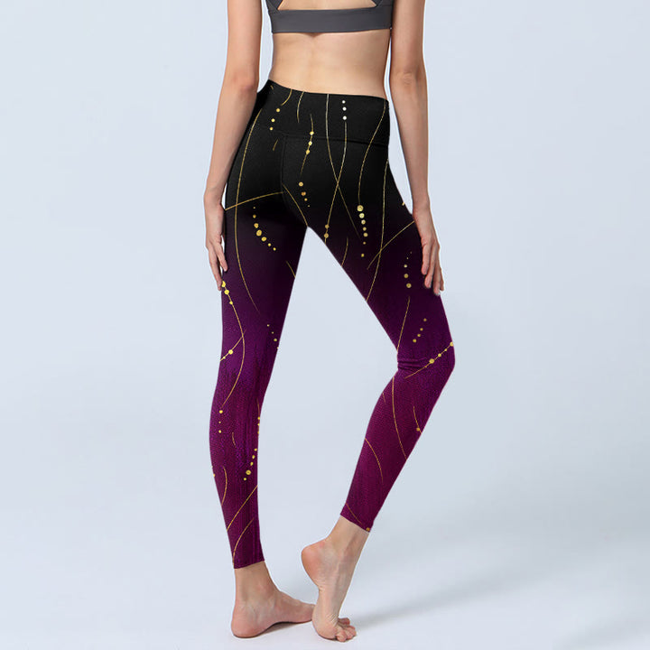 Buddha Stones Abstract Gradient Thin And Long Gold Line Pattern Print Gym Leggings Women's Yoga Pants - image 3