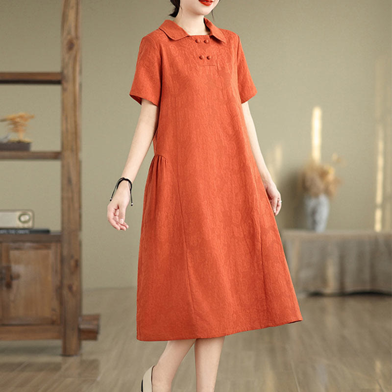 Buddha Stones Plain Jacquard Design Short Sleeve Cotton Linen Midi Dress With Pockets - image 1