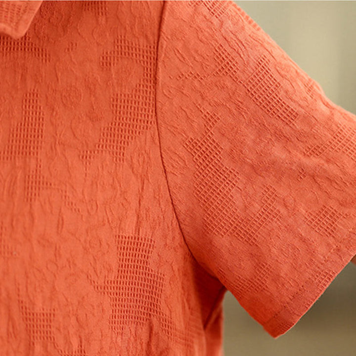 Buddha Stones Plain Jacquard Design Short Sleeve Cotton Linen Midi Dress With Pockets - image 7