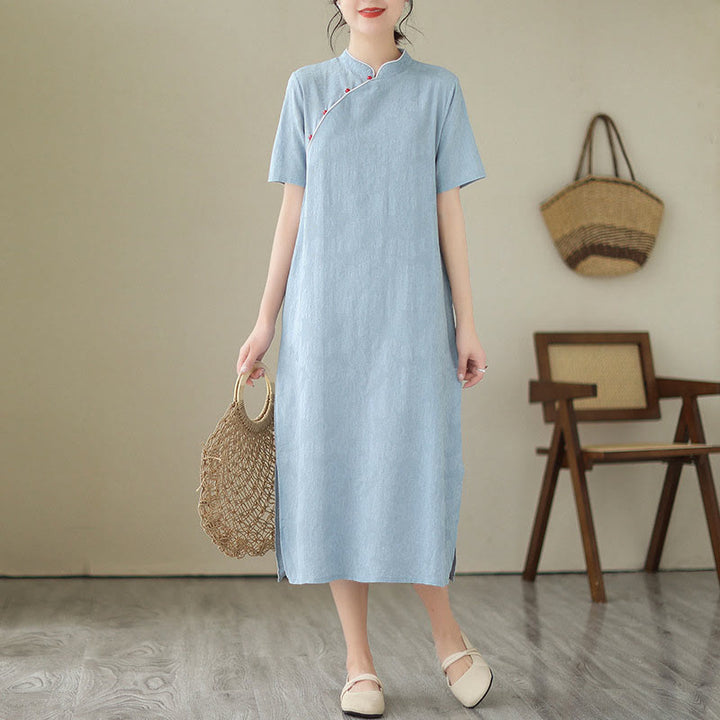 Buddha Stones Pure Color Short Sleeve Jacquard Chinese Cheongsam Qipao Midi Dress With Pockets - LightSkyBlue - US8-10，UK/AU12-14，EU40-42 (2XL) - image 6