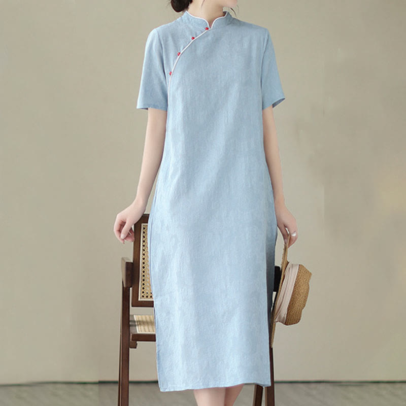 Buddha Stones Pure Color Short Sleeve Jacquard Chinese Cheongsam Qipao Midi Dress With Pockets - image 10
