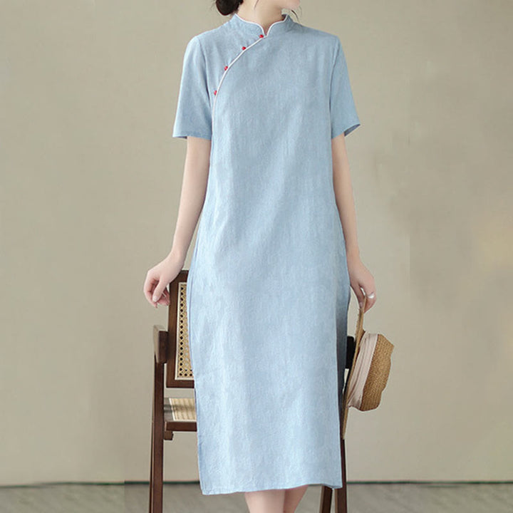 Buddha Stones Pure Color Short Sleeve Jacquard Chinese Cheongsam Qipao Midi Dress With Pockets - image 10