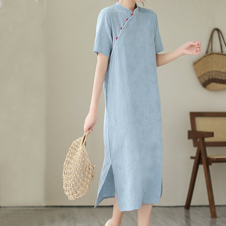 Buddha Stones Pure Color Short Sleeve Jacquard Chinese Cheongsam Qipao Midi Dress With Pockets - image 9