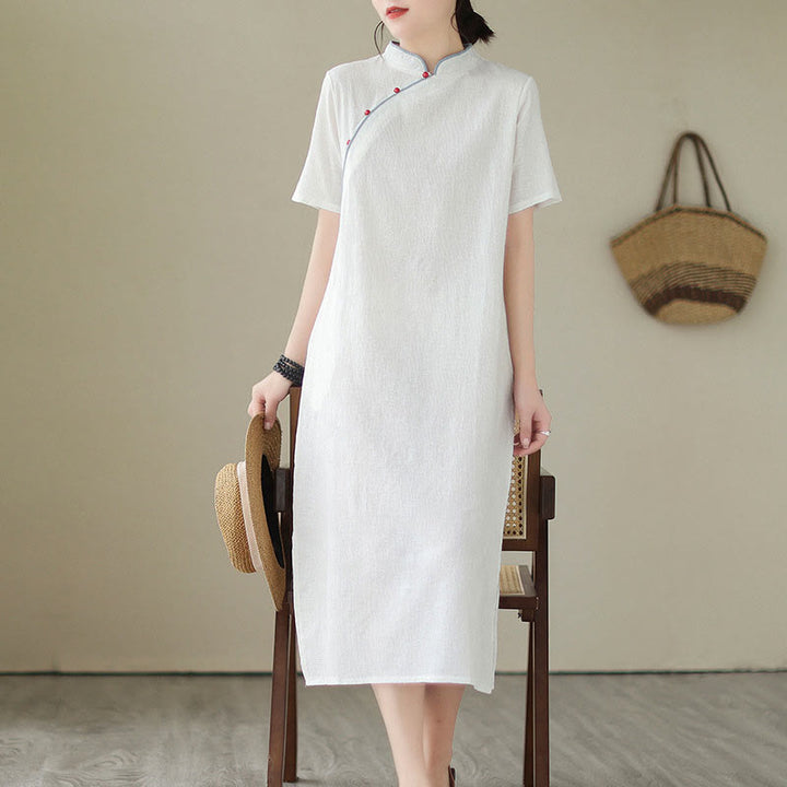 Buddha Stones Pure Color Short Sleeve Jacquard Chinese Cheongsam Qipao Midi Dress With Pockets - image 2