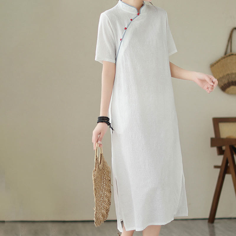 Buddha Stones Pure Color Short Sleeve Jacquard Chinese Cheongsam Qipao Midi Dress With Pockets - image 3