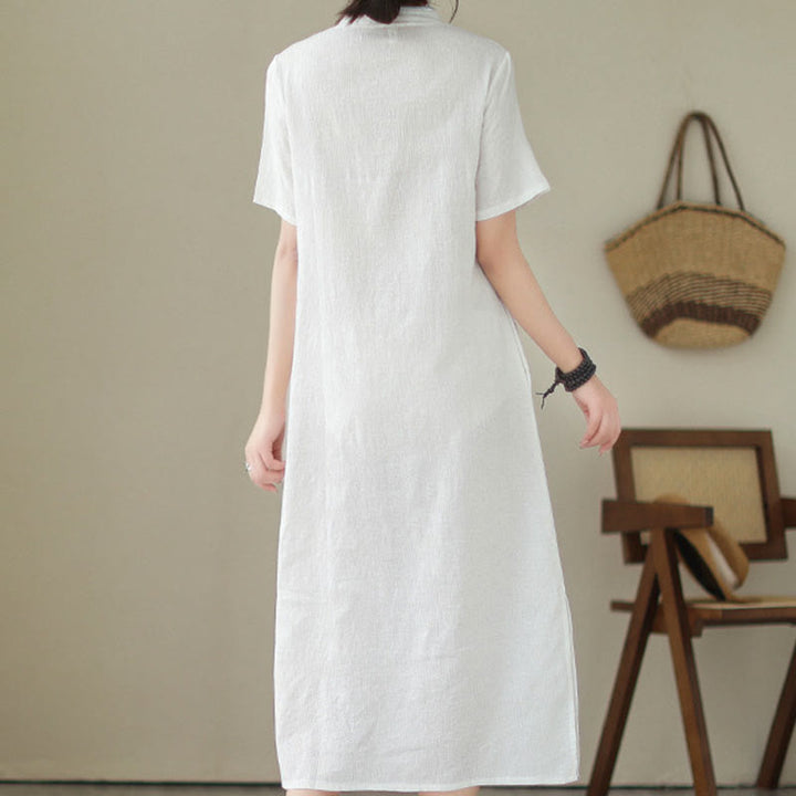 Buddha Stones Pure Color Short Sleeve Jacquard Chinese Cheongsam Qipao Midi Dress With Pockets - image 1