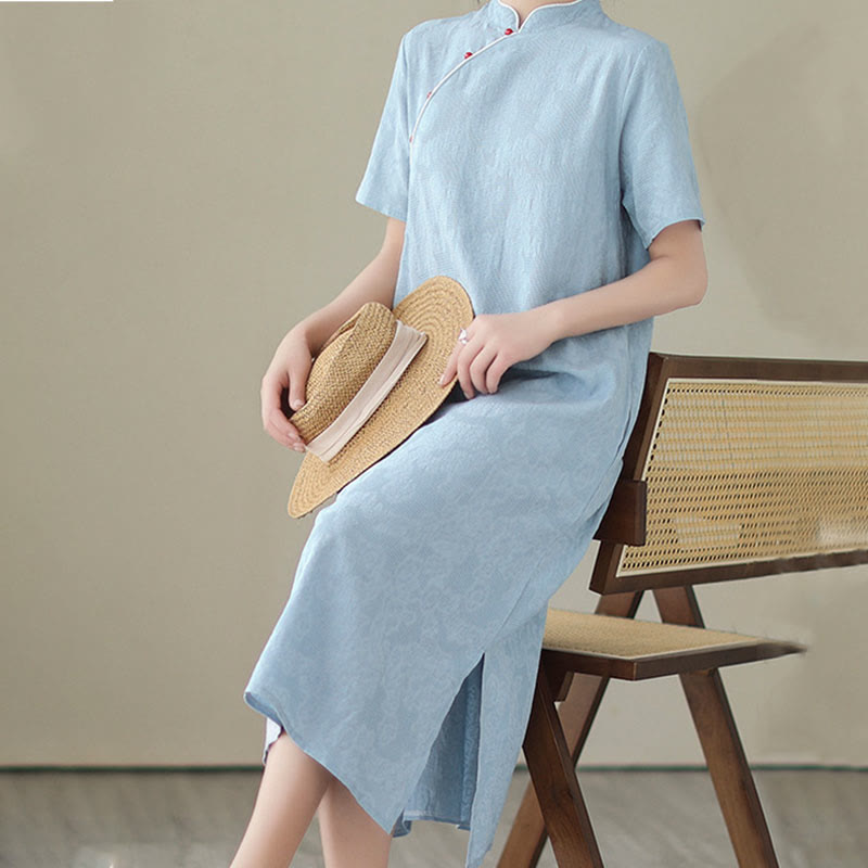 Buddha Stones Pure Color Short Sleeve Jacquard Chinese Cheongsam Qipao Midi Dress With Pockets - image 11