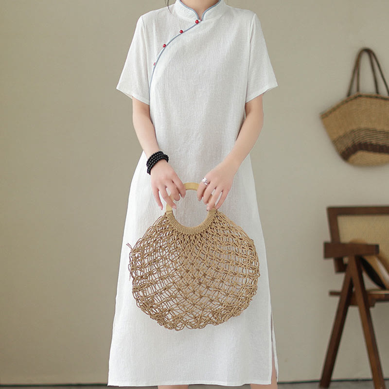 Buddha Stones Pure Color Short Sleeve Jacquard Chinese Cheongsam Qipao Midi Dress With Pockets - image 4