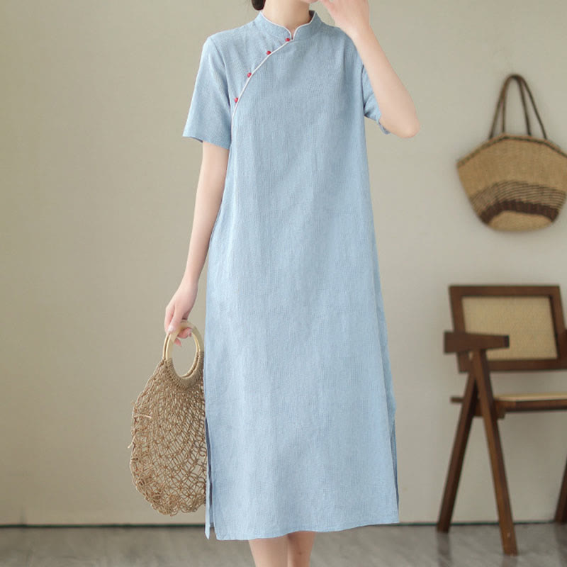 Buddha Stones Pure Color Short Sleeve Jacquard Chinese Cheongsam Qipao Midi Dress With Pockets - image 7