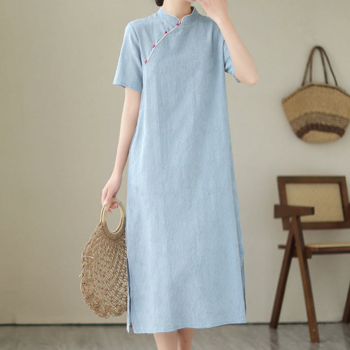 Buddha Stones Pure Color Short Sleeve Jacquard Chinese Cheongsam Qipao Midi Dress With Pockets - image 7