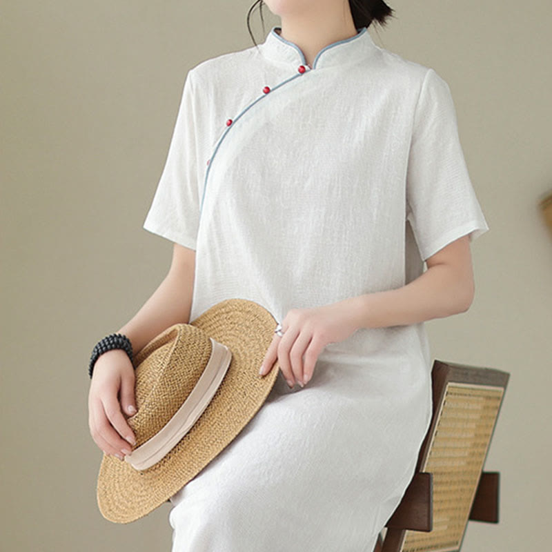 Buddha Stones Pure Color Short Sleeve Jacquard Chinese Cheongsam Qipao Midi Dress With Pockets - image 5