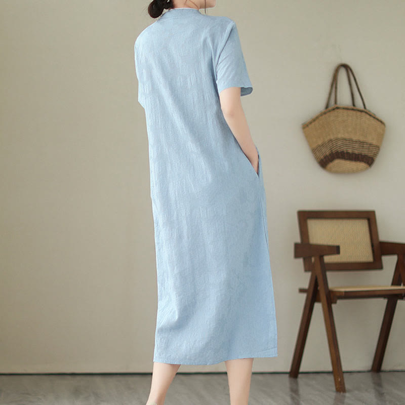 Buddha Stones Pure Color Short Sleeve Jacquard Chinese Cheongsam Qipao Midi Dress With Pockets - image 8