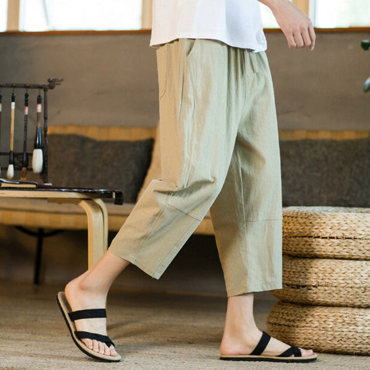 Buddha Stones Simple Design Drawstring Cotton Linen Men's Solid Color Harem Pants With Pockets - image 4