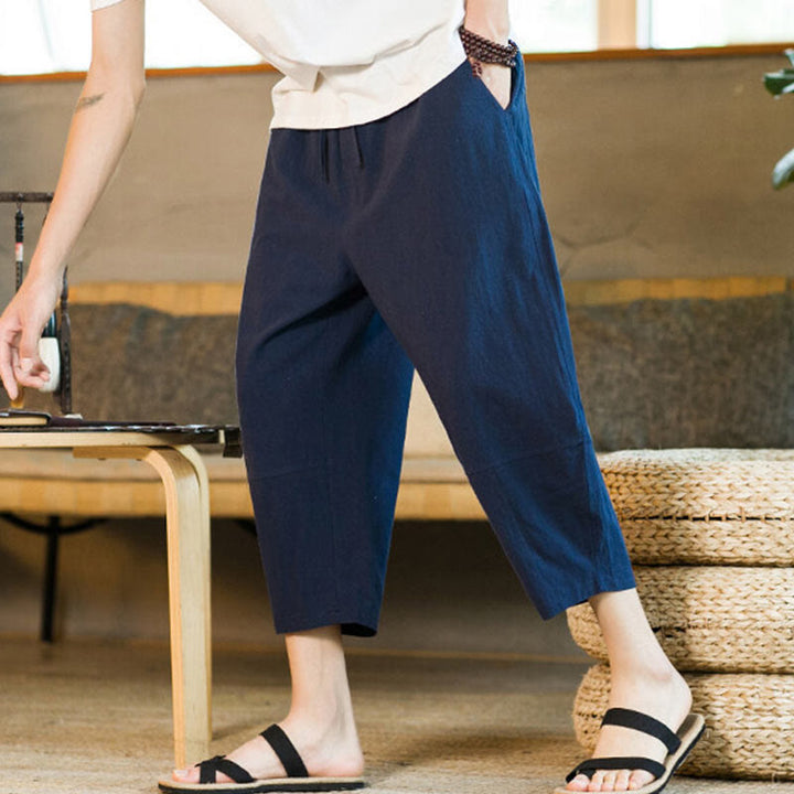 Buddha Stones Simple Design Drawstring Cotton Linen Men's Solid Color Harem Pants With Pockets - image 35