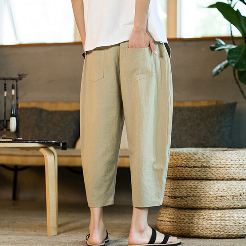 Buddha Stones Simple Design Drawstring Cotton Linen Men's Solid Color Harem Pants With Pockets - image 3