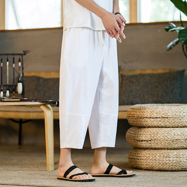 Buddha Stones Simple Design Drawstring Cotton Linen Men's Solid Color Harem Pants With Pockets - image 25