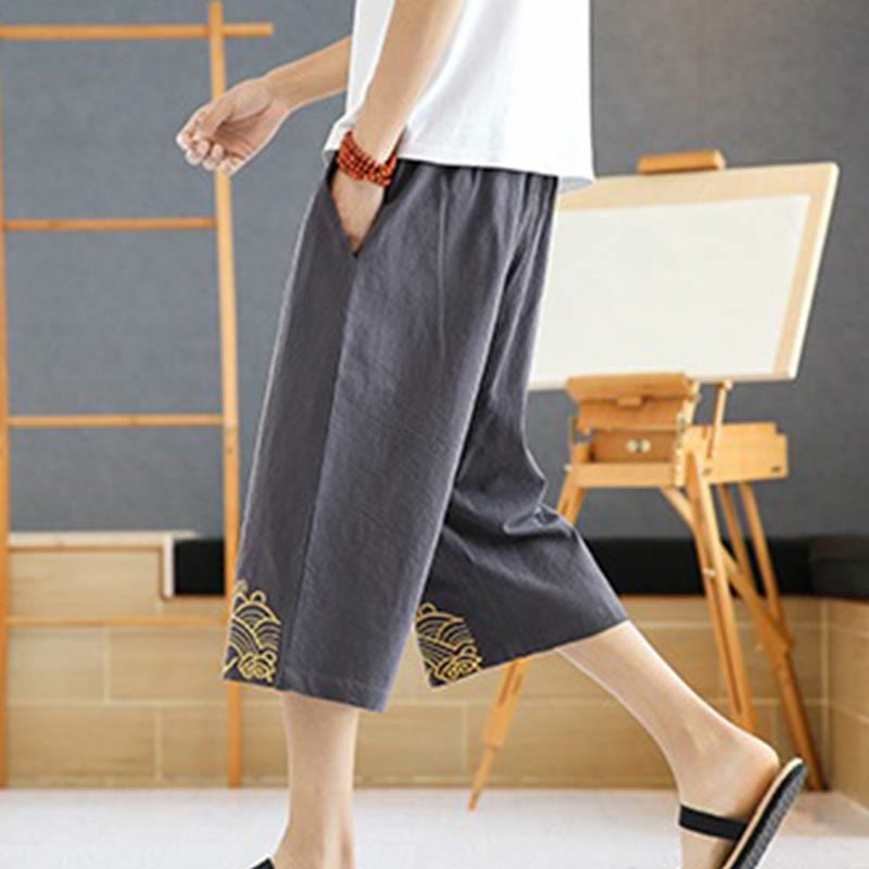 Buddha Stones Spring Casual Embroidery Drawstring Men's 7-8 Length Cotton Linen Harem Pants With Pockets - image 21