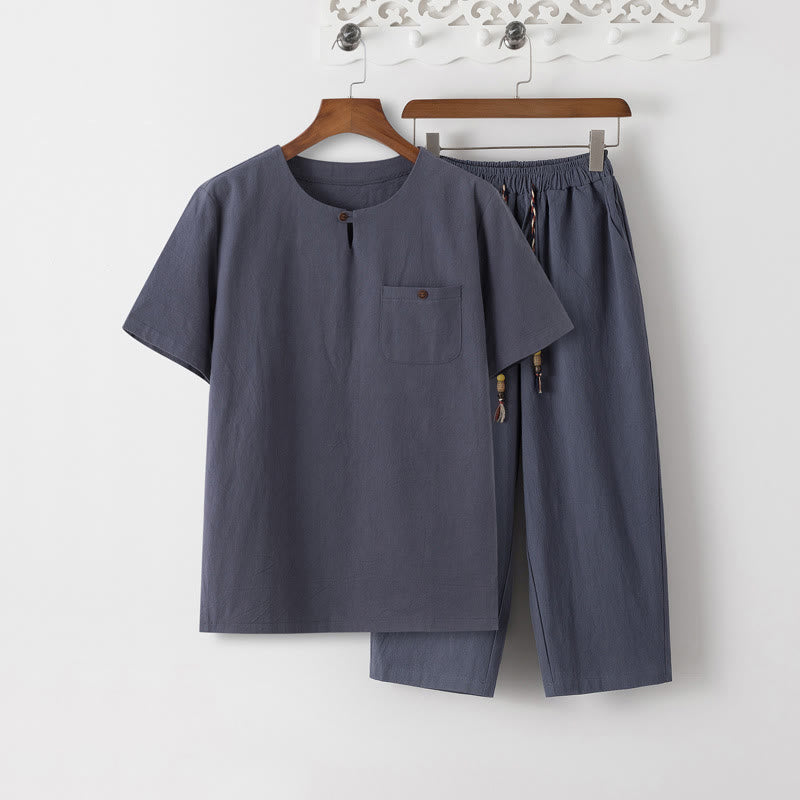 Buddha Stones Summer 2Pcs Plain Short Sleeve T-Shirt 7-8 Length Pants Cotton Linen Tang Suit Men's Meditation Cloth Set With Pockets - SlateGray T-Shirt & SlateGray Pants - US/UK/AU46，EU56 (5XL) - image 1