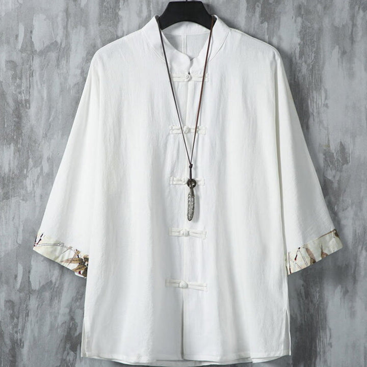 Buddha Stones Summer Frog-button Patchwork Half Sleeve Design Cotton Linen Men's Shirt Jacket - White - US/UK/AU46，EU56 (5XL) - image 2