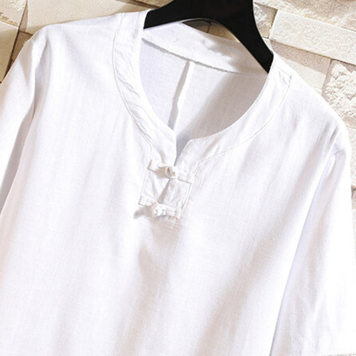 Buddha Stones Summer Chinese Frog-button Men's Solid Color Button Short Sleeve Cotton Linen Shirt - image 9