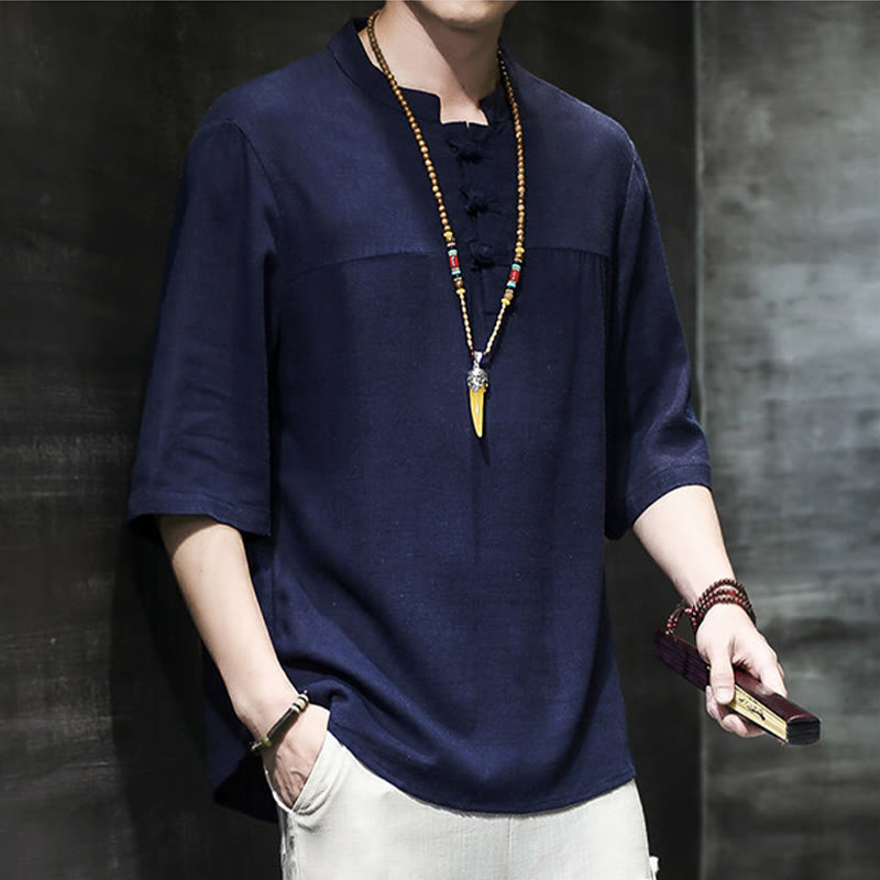 Buddha Stones Casual Vintage  Chinese Frog-Button Men's Half Sleeve Cotton Linen T-Shirt - image 24