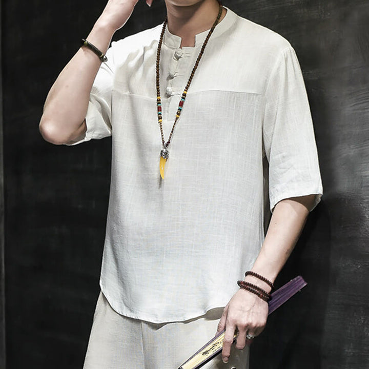 Buddha Stones Casual Vintage  Chinese Frog-Button Men's Half Sleeve Cotton Linen T-Shirt - image 11