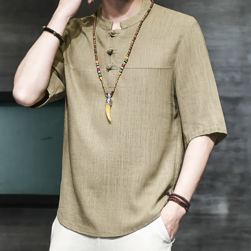 Buddha Stones Casual Vintage  Chinese Frog-Button Men's Half Sleeve Cotton Linen T-Shirt - image 1