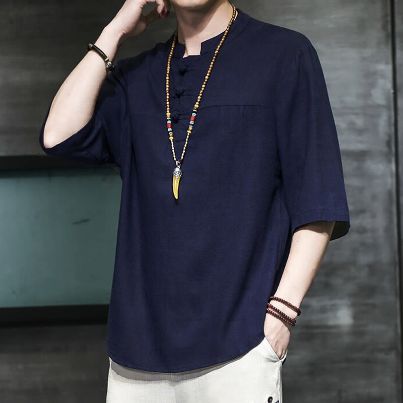 Buddha Stones Casual Vintage  Chinese Frog-Button Men's Half Sleeve Cotton Linen T-Shirt - image 20