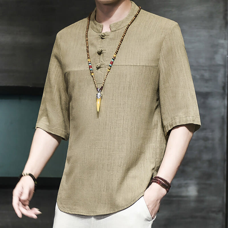 Buddha Stones Casual Vintage  Chinese Frog-Button Men's Half Sleeve Cotton Linen T-Shirt - DarkKhaki - US/UK/AU46，EU56 (5XL) - image 0
