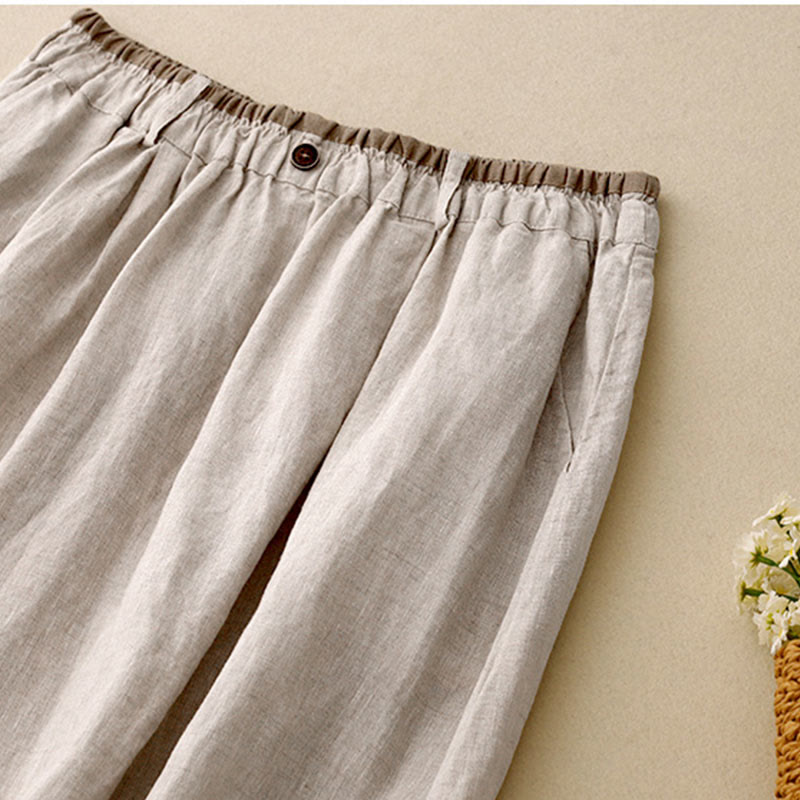 Buddha Stones Vintage Casual Plain Side Slit Elastic Waist Cotton Linen Women's Skirt With Pockets - image 3