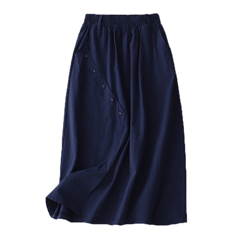 Buddha Stones Casual Plain Asymmetrical Button Design Cotton Women's Skirt With Pockets - image 7