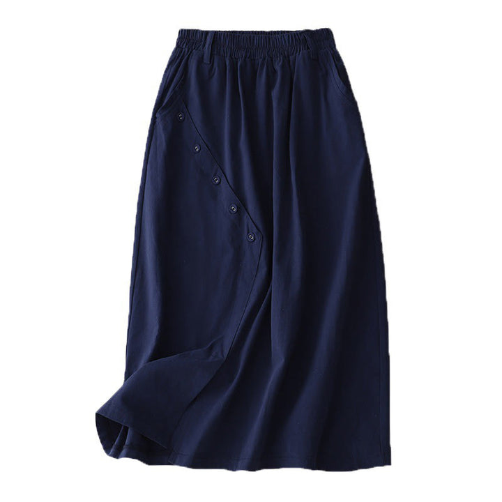 Buddha Stones Casual Plain Asymmetrical Button Design Cotton Women's Skirt With Pockets - image 7