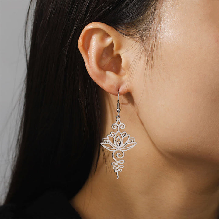 Buddha Stones Hollow Lotus Flower Stainless Steel Enlightenment Metal Drop Earrings - image 7