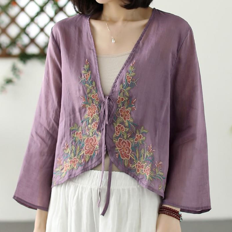 Buddha Stones Casual Embroidery Petals Long Sleeve Open Front Cardigan Jacket - MediumPurple - US12，UK/AU16，EU44 (3XL) - image 0