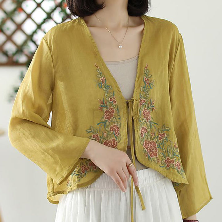 Buddha Stones Casual Embroidery Petals Long Sleeve Open Front Cardigan Jacket - Khaki - US12，UK/AU16，EU44 (3XL) - image 3