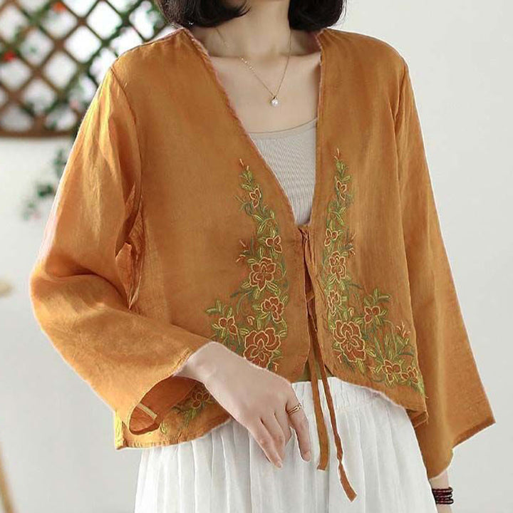 Buddha Stones Casual Embroidery Petals Long Sleeve Open Front Cardigan Jacket - SandyBrown - US12，UK/AU16，EU44 (3XL) - image 11