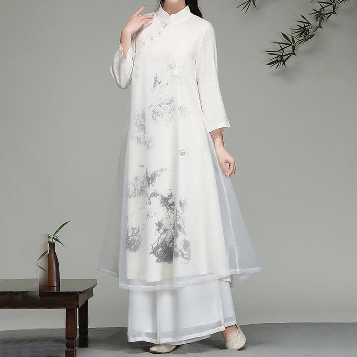 Buddha Stones  Chinese Frog-Button Design Long Sleeve Chiffon Midi Dress - image 1