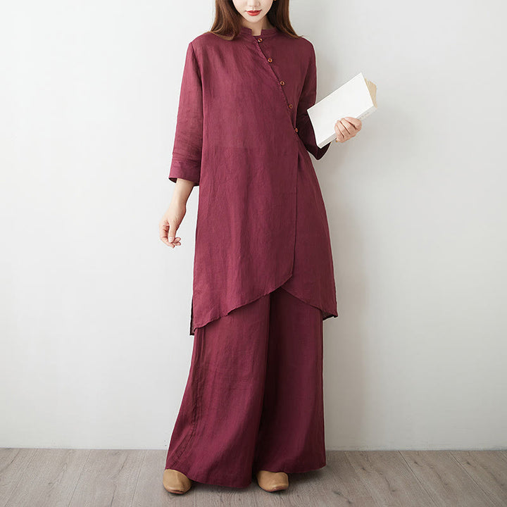 Buddha Stones 2Pcs Three Quarter Sleeve Shirt Top Pants Meditation Zen Tai Chi Cotton Linen Clothing Women's Set - image 7