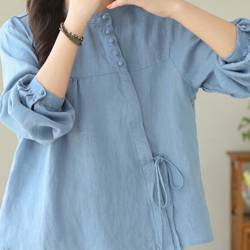 Buddha Stones Fall Casual Solid Color Stand Collar Long Sleeve Cotton Linen Women's Shirt - LightSkyBlue - US8-10，UK/AU12-14，EU40-42 (2XL) - image 7