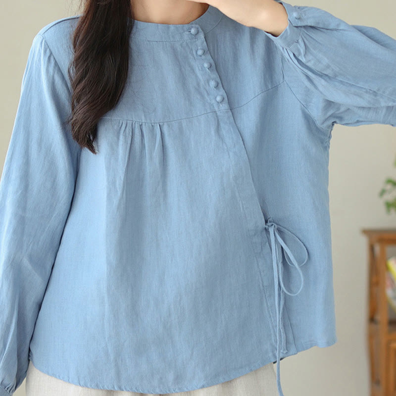 Buddha Stones Fall Casual Solid Color Stand Collar Long Sleeve Cotton Linen Women's Shirt - image 13