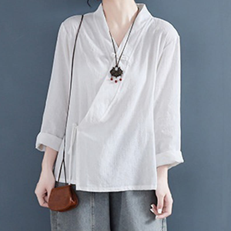 Buddha Stones Casual Solid Color Frog Button Long Sleeve Zen Cotton Linen Women's Shirt - image 3