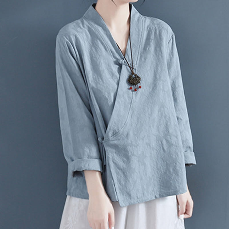 Buddha Stones Casual Solid Color Frog Button Long Sleeve Zen Cotton Linen Women's Shirt - image 21