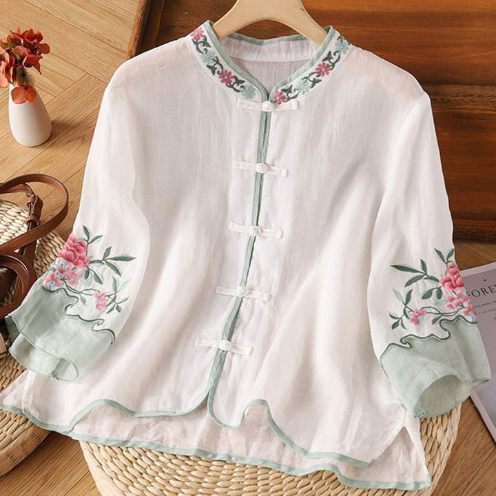 Buddha Stones Casual Embroidered Flowers Leaves Frog Button Three Quarter Sleeve Cotton Women's Shirt - White - US14，UK/AU18，EU46 (4XL) - image 0