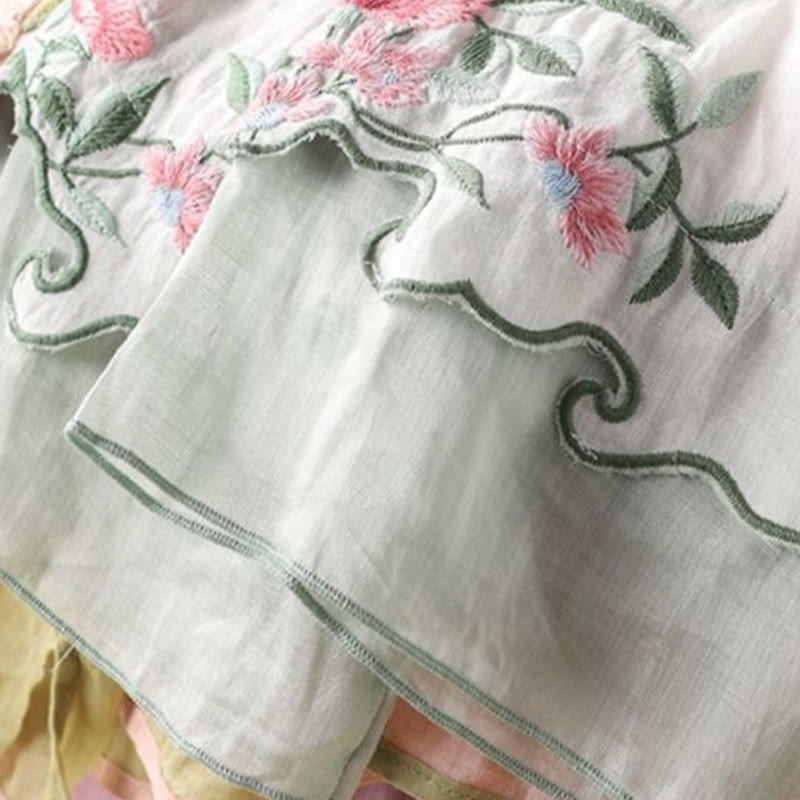 Buddha Stones Casual Embroidered Flowers Leaves Frog Button Three Quarter Sleeve Cotton Women's Shirt - image 1