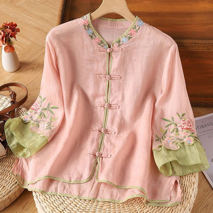 Buddha Stones Casual Embroidered Flowers Leaves Frog Button Three Quarter Sleeve Cotton Women's Shirt - Pink - US14，UK/AU18，EU46 (4XL) - image 3