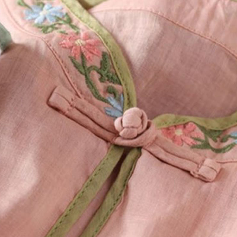 Buddha Stones Casual Embroidered Flowers Leaves Frog Button Three Quarter Sleeve Cotton Women's Shirt - image 4