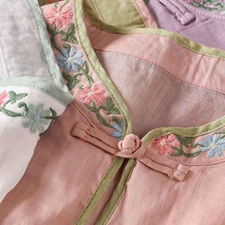 Buddha Stones Casual Embroidered Flowers Leaves Frog Button Three Quarter Sleeve Cotton Women's Shirt - image 6